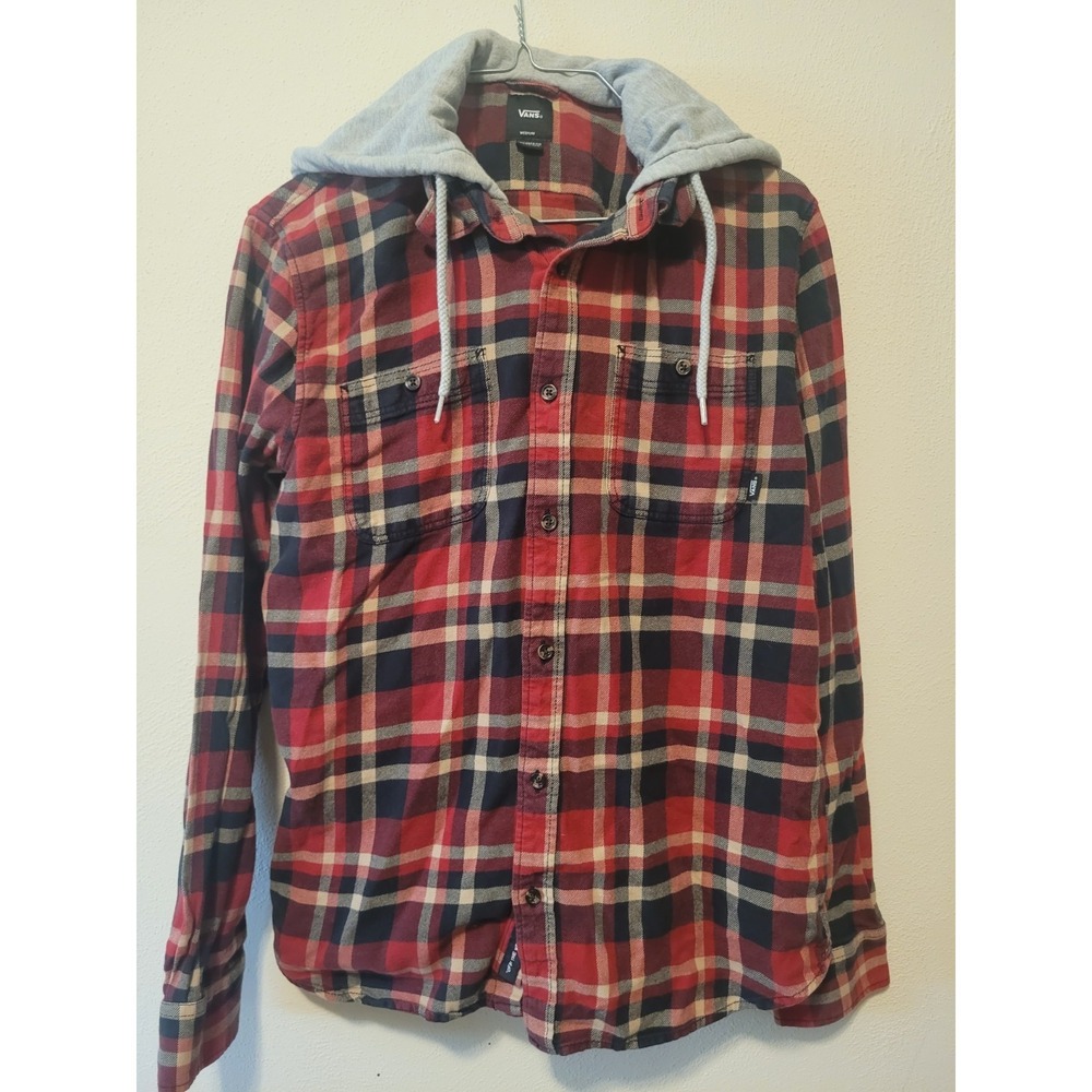 VANS Lopes men's Unisex M Plaid‎ Flannel Hooded Jacket Red Skater Streetwear